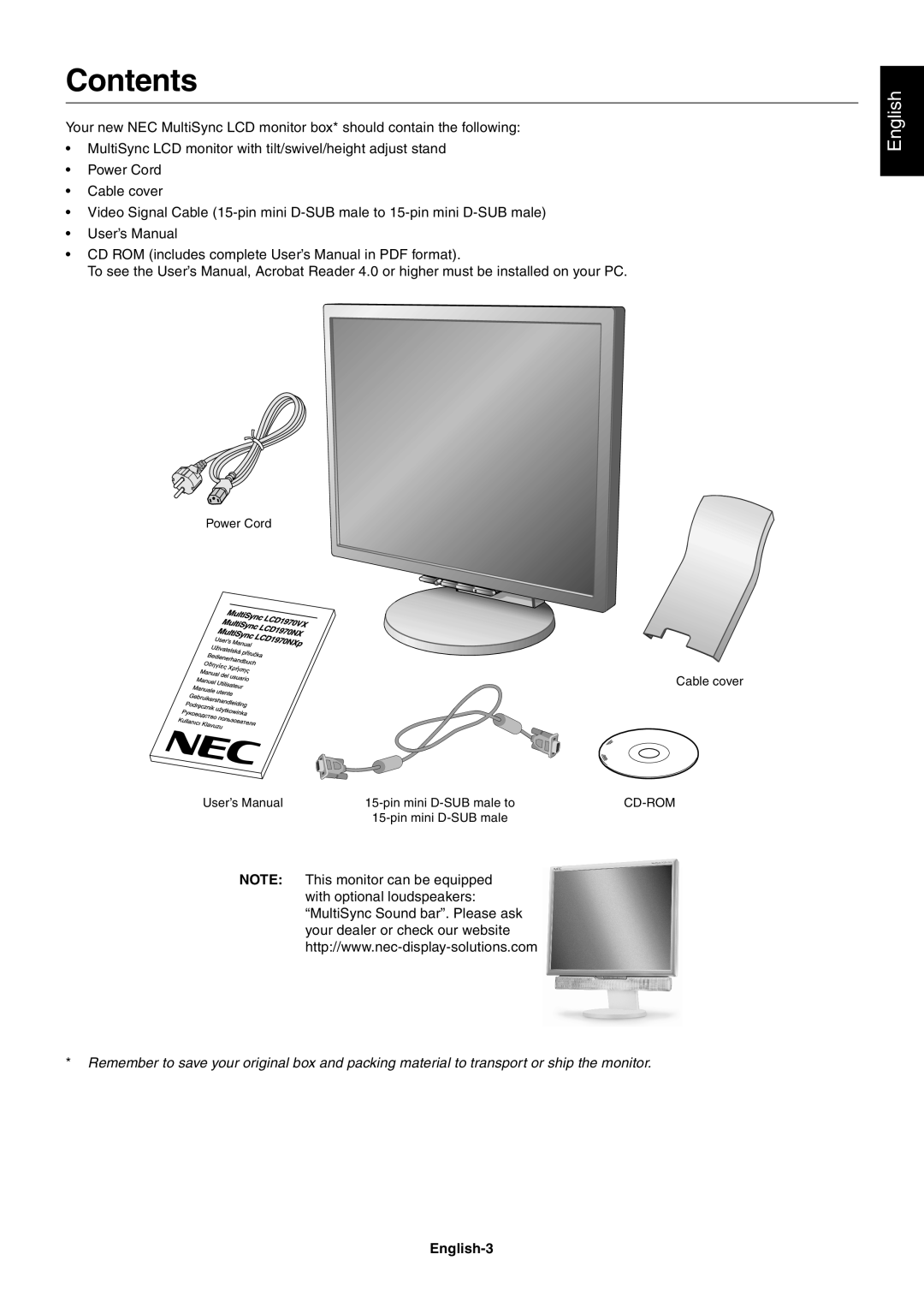 NEC LCD1970NXp, LCD1970VX user manual Contents, English-3 