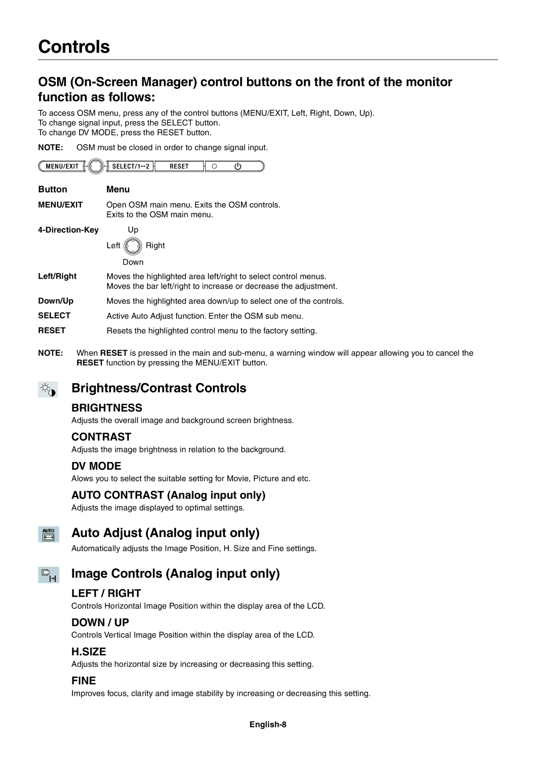 NEC LCD1970VX, LCD1970NX Brightness/Contrast Controls, Auto Adjust Analog input only, Image Controls Analog input only 