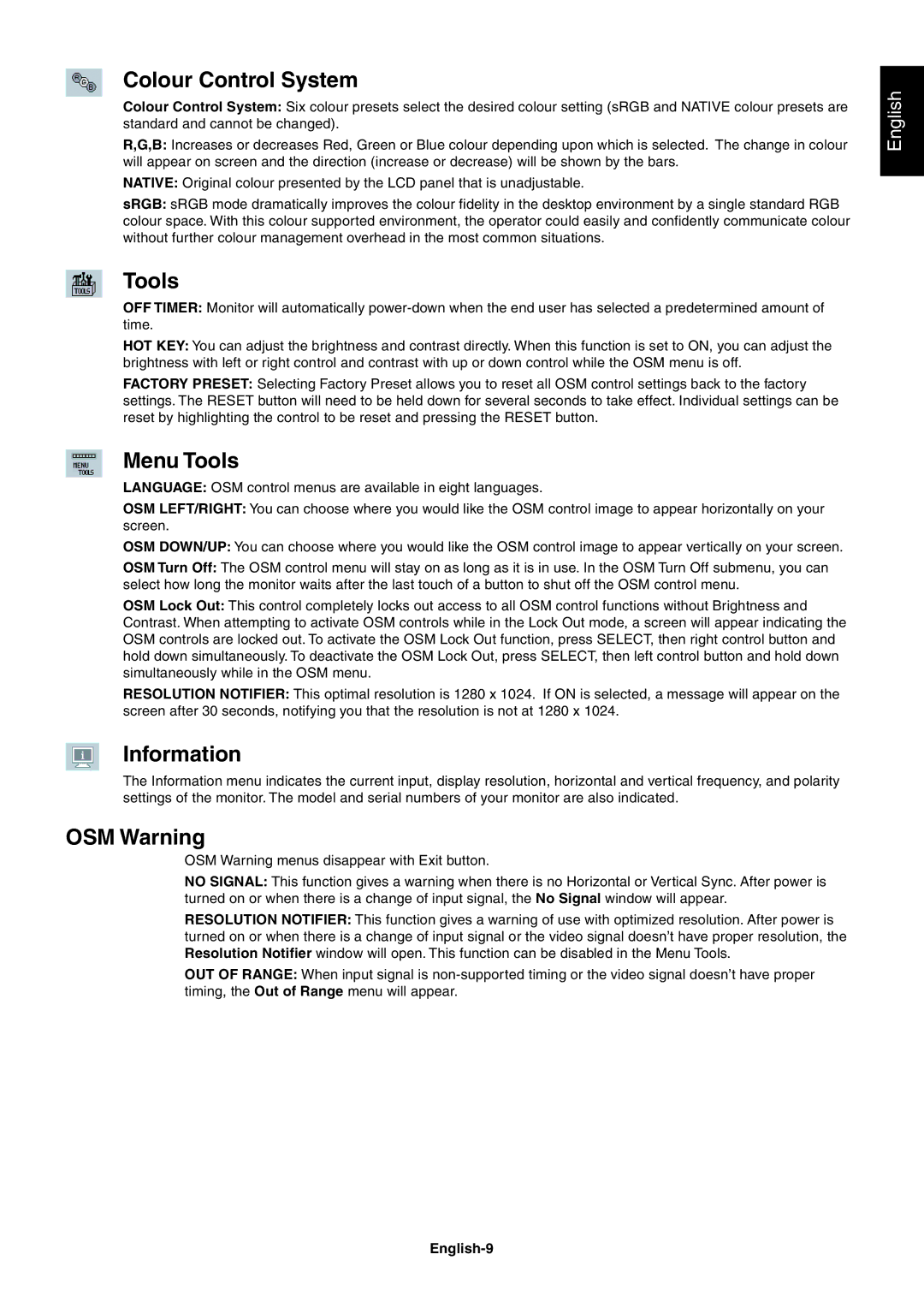 NEC LCD1970NXp, LCD1970VX user manual Colour Control System, Menu Tools, Information, OSM Warning 