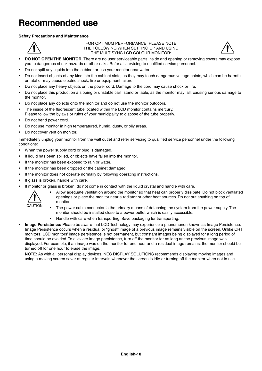 NEC LCD1970VX, LCD1970NXp user manual Recommended use, Safety Precautions and Maintenance, English-10 