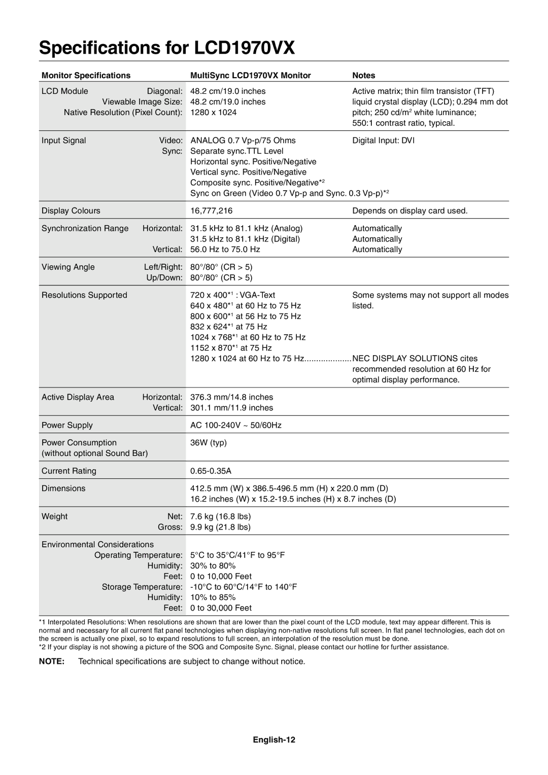 NEC LCD1970NXp user manual Specifications for LCD1970VX, Monitor Specifications MultiSync LCD1970VX Monitor, English-12 