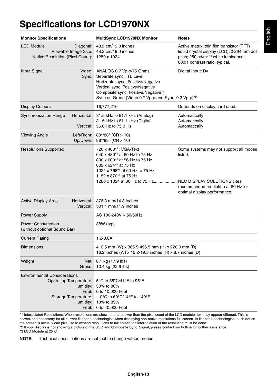 NEC LCD1970VX, LCD1970NXp Specifications for LCD1970NX, Monitor Specifications MultiSync LCD1970NX Monitor, English-13 