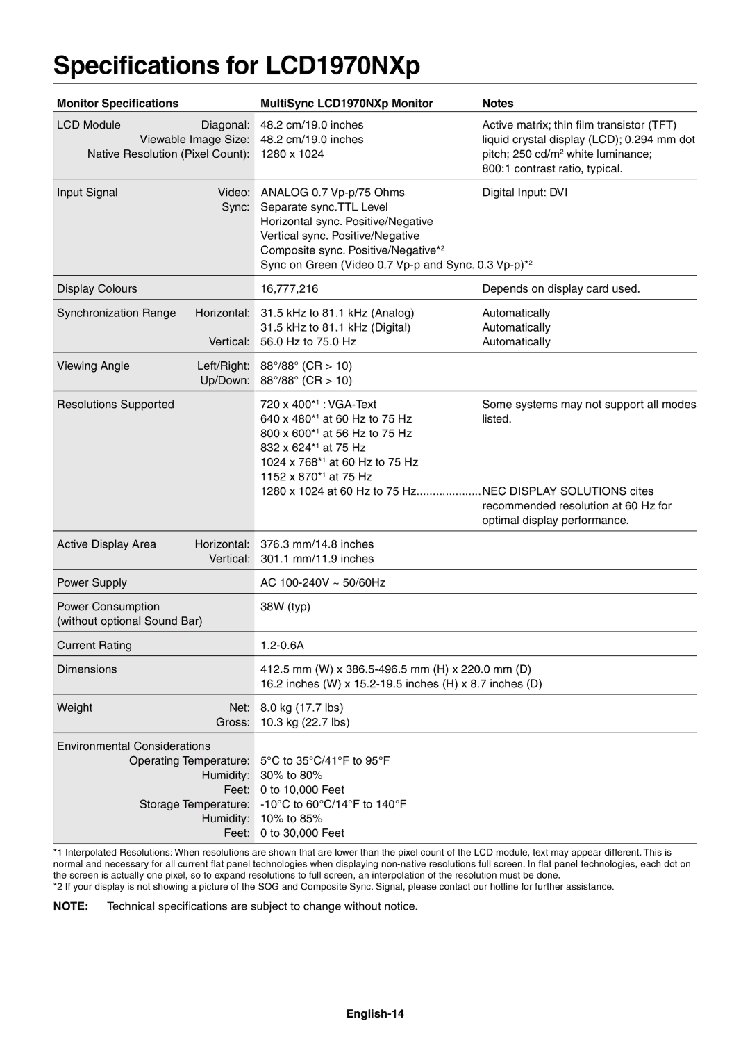 NEC LCD1970VX user manual Specifications for LCD1970NXp, Monitor Specifications MultiSync LCD1970NXp Monitor, English-14 