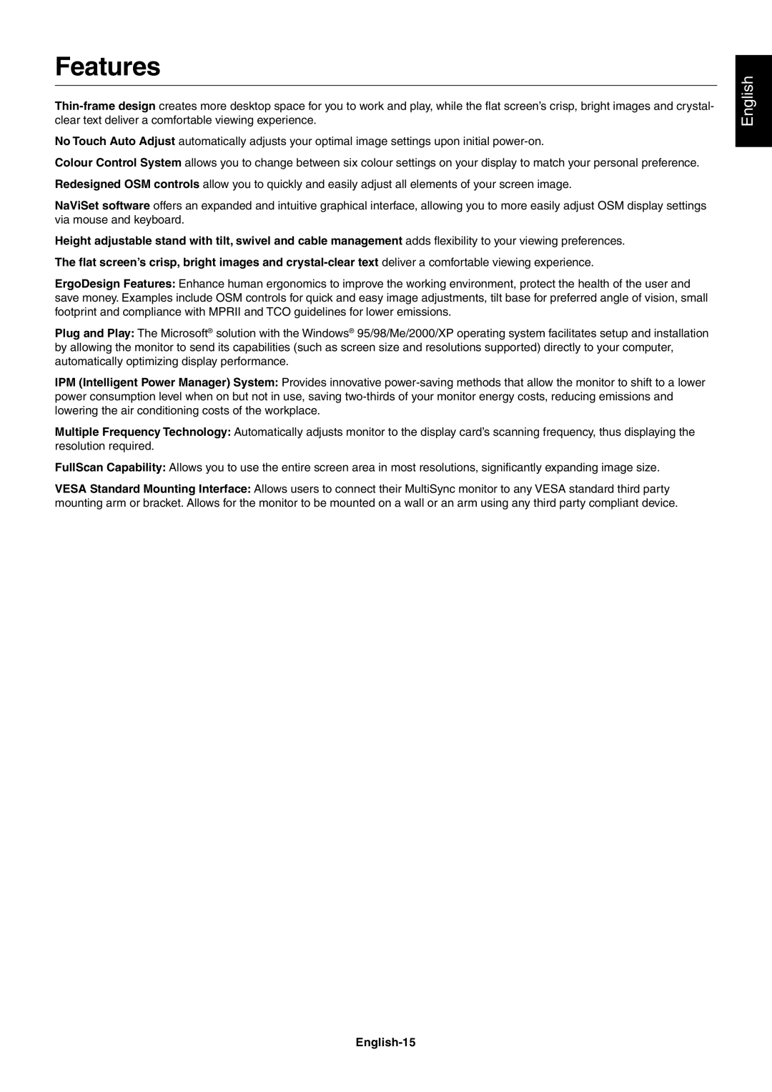 NEC LCD1970NXp, LCD1970VX user manual Features, English-15 