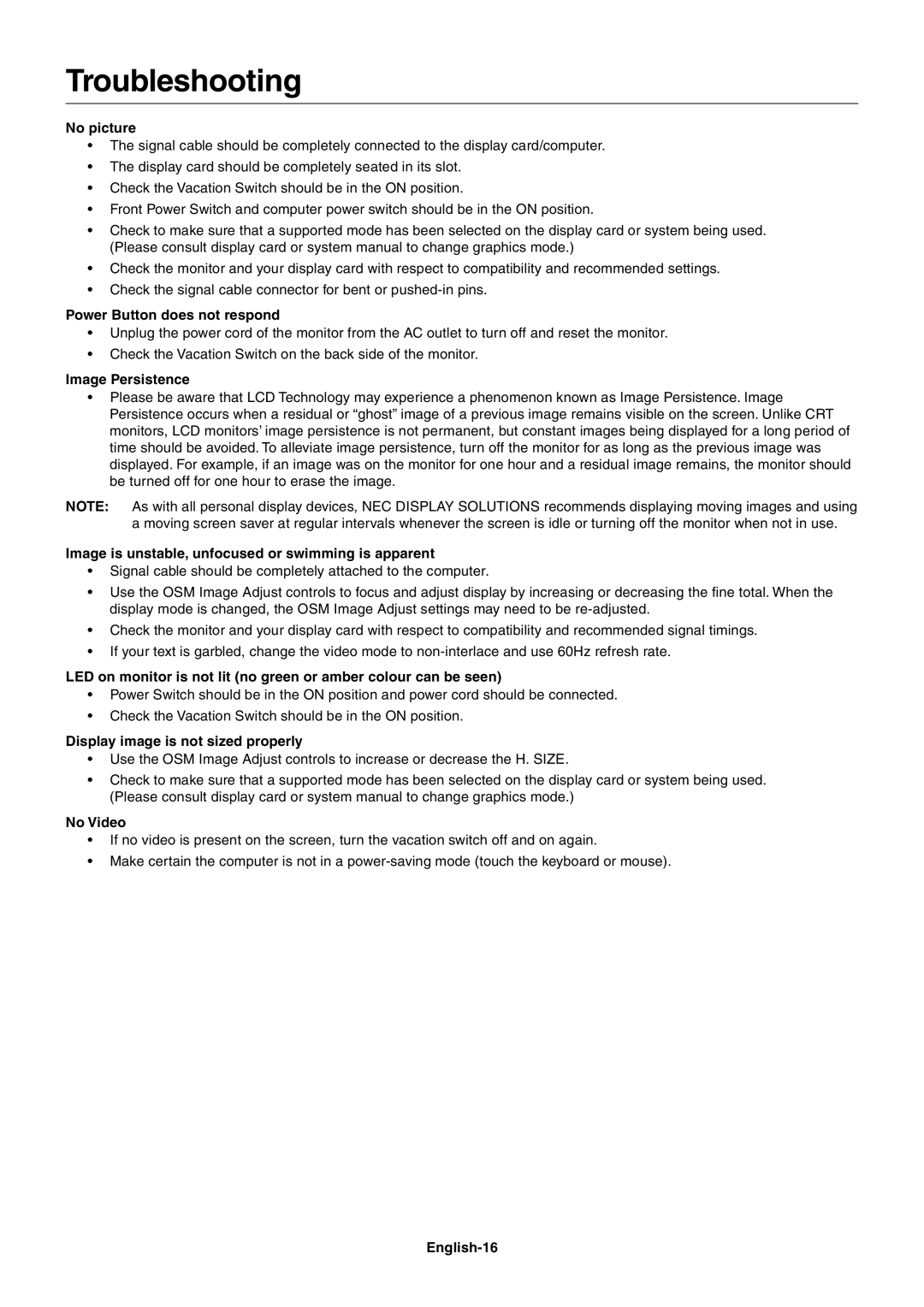 NEC LCD1970VX, LCD1970NXp user manual Troubleshooting 