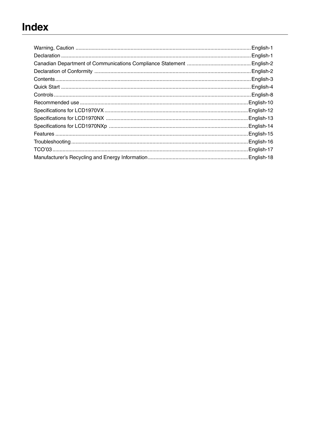 NEC LCD1970NXp, LCD1970VX user manual Index, English-18 