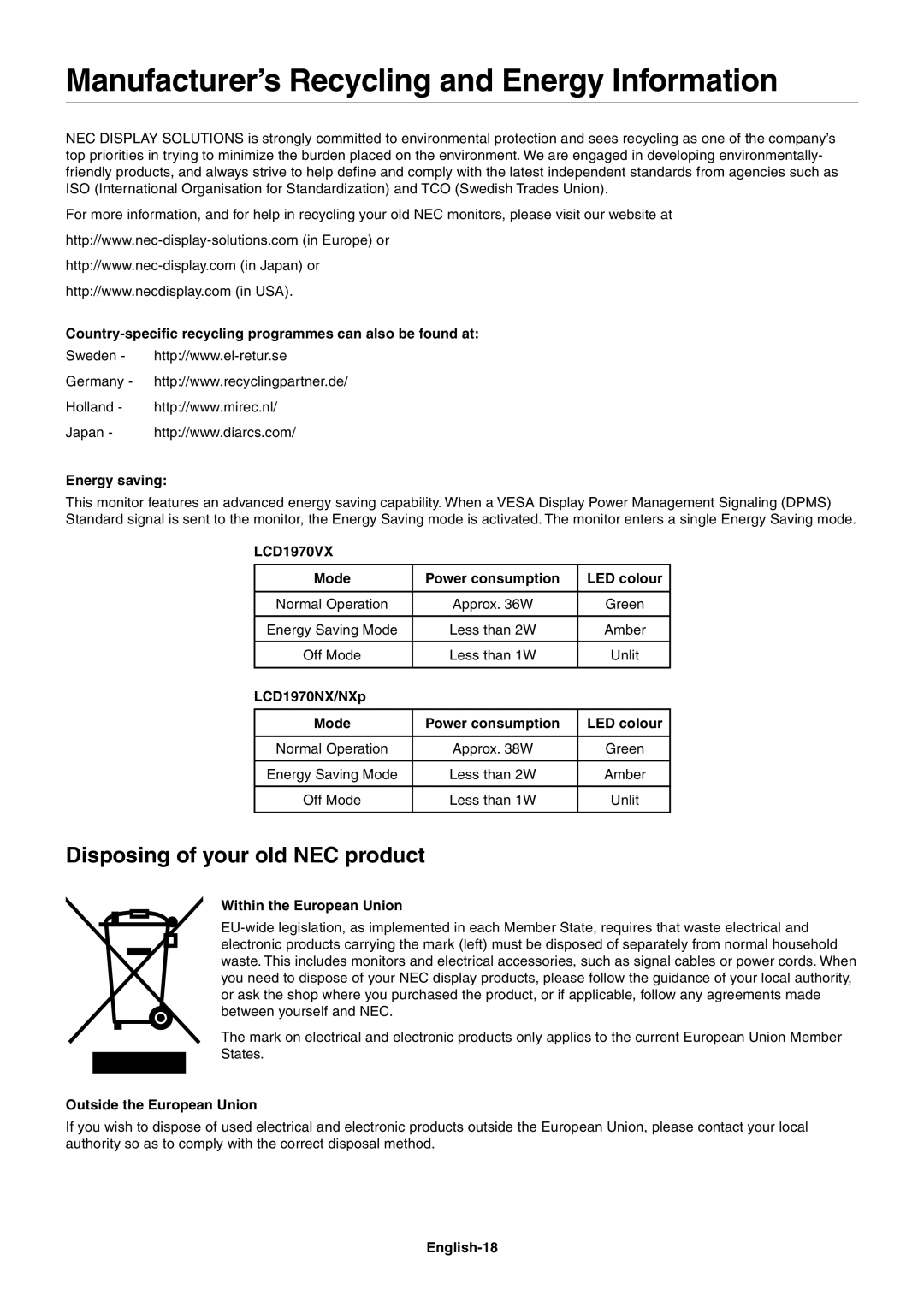 NEC LCD1970NXp, LCD1970VX user manual Manufacturer’s Recycling and Energy Information, Disposing of your old NEC product 