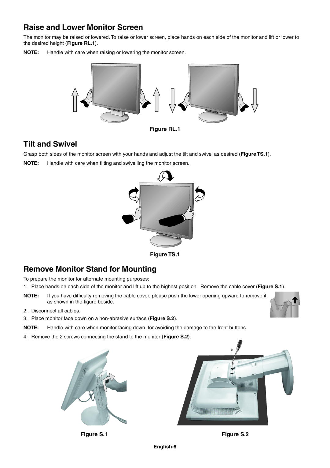 NEC LCD1970NXp, LCD1970VX Raise and Lower Monitor Screen, Tilt and Swivel, Remove Monitor Stand for Mounting, English-6 