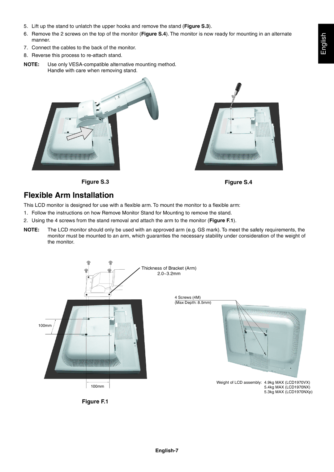 NEC LCD1970VX, LCD1970NXp user manual Flexible Arm Installation, English-7 