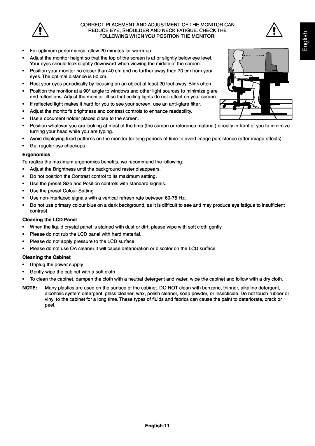 NEC LCD1970VX, LCD1970NX user manual Ergonomics, Cleaning the LCD Panel, Cleaning the Cabinet, English-11 