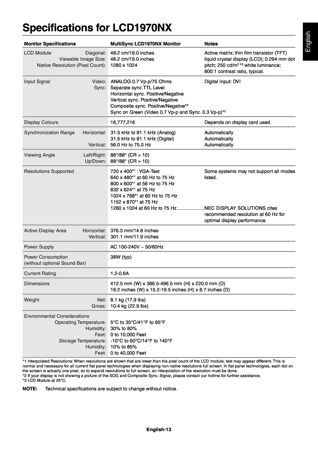 NEC LCD1970VX user manual Specifications for LCD1970NX, English, Monitor Specifications, MultiSync LCD1970NX Monitor, Notes 