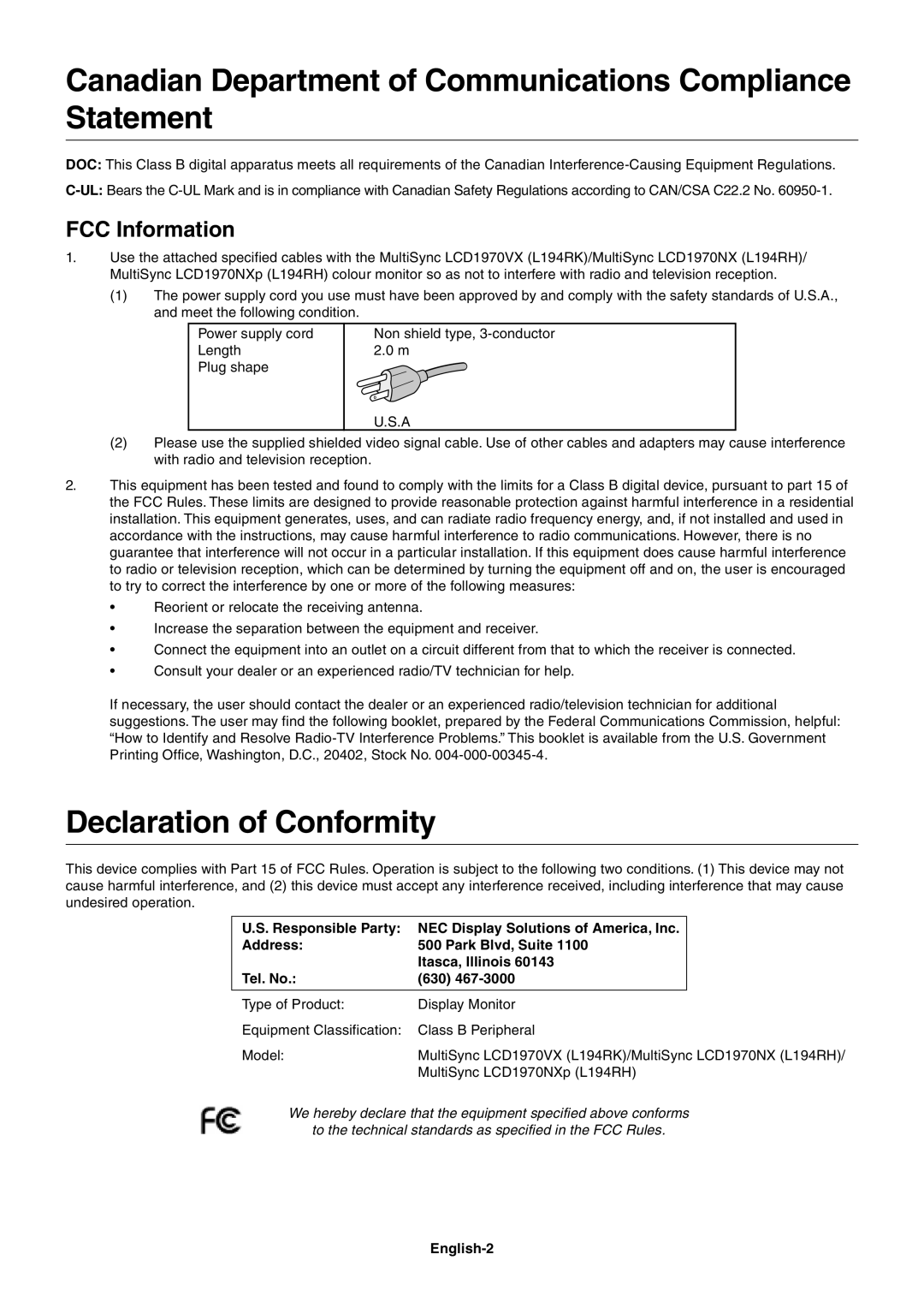 NEC LCD1970NX Canadian Department of Communications Compliance Statement, Declaration of Conformity, FCC Information 