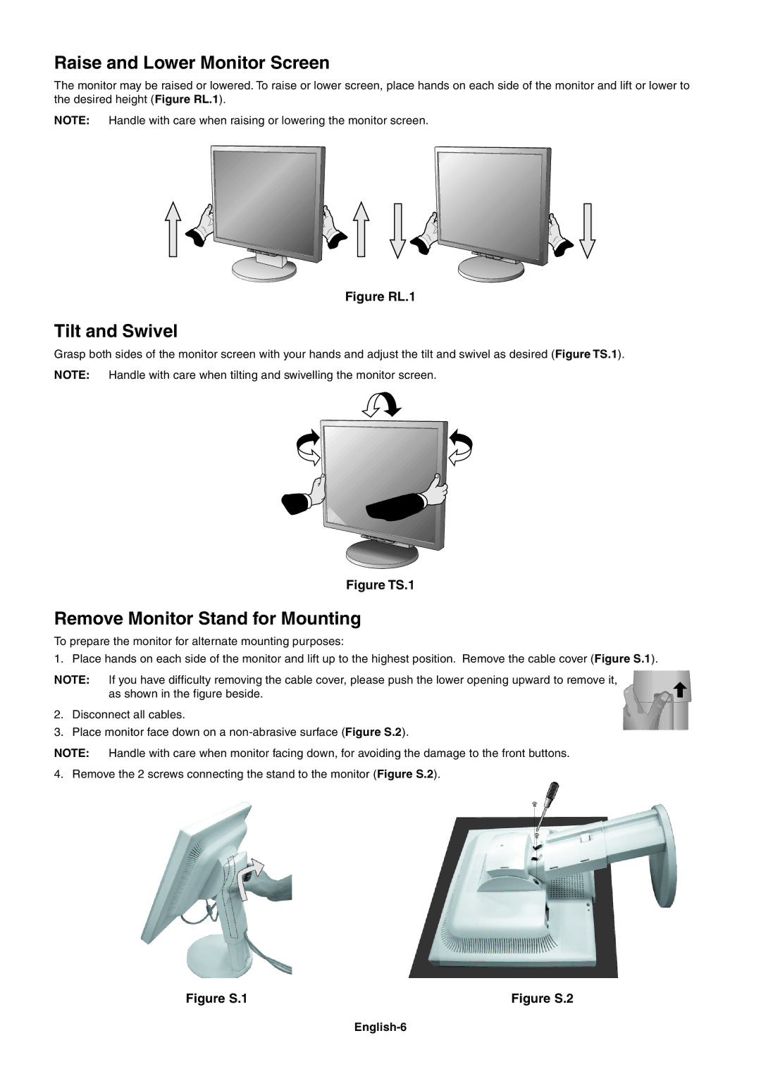 NEC LCD1970NX, LCD1970VX Raise and Lower Monitor Screen, Tilt and Swivel, Remove Monitor Stand for Mounting, English-6 