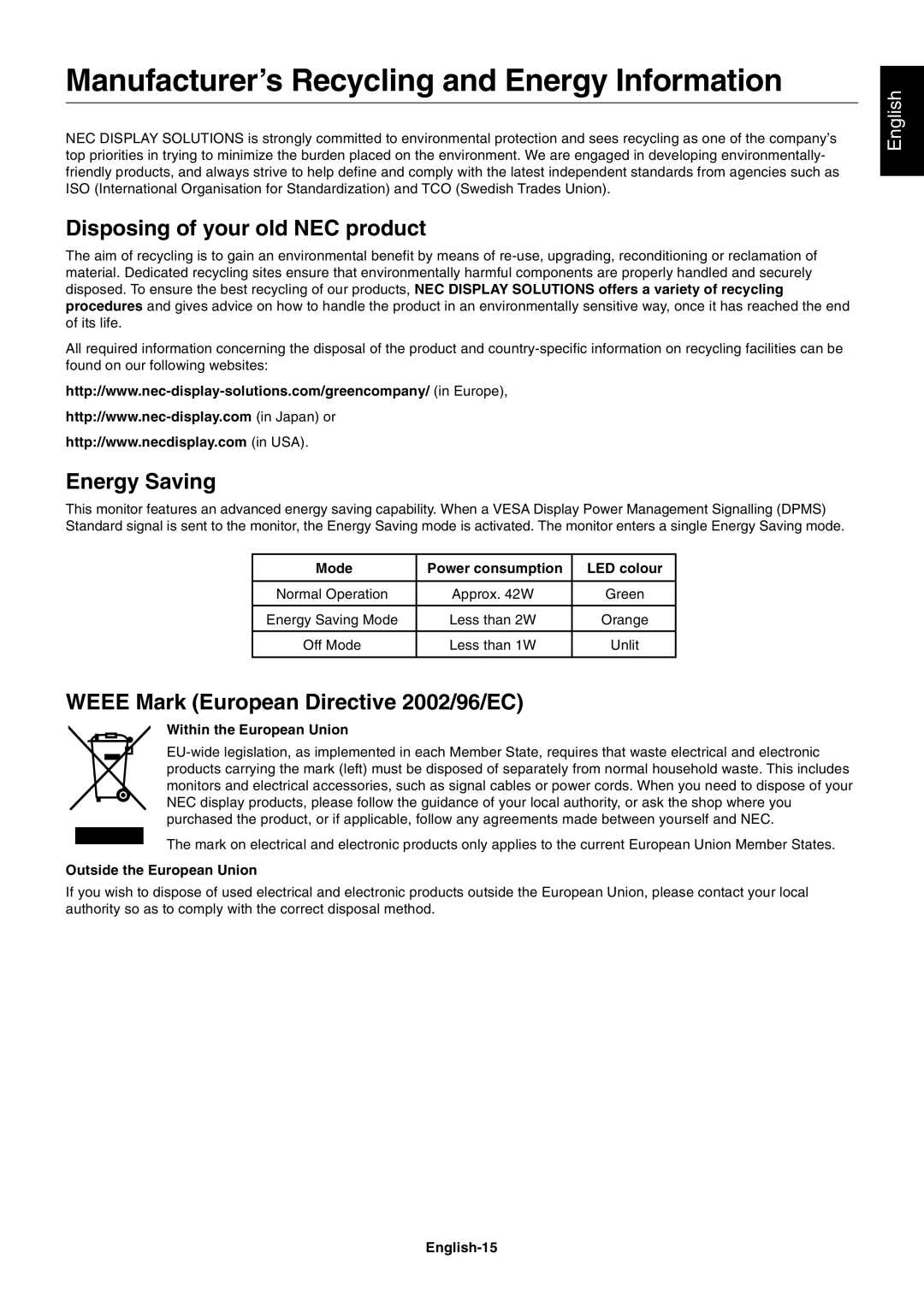 NEC LCD1970NX ManufacturerÕs Recycling and Energy Information, Disposing of your old NEC product, Energy Saving, English 