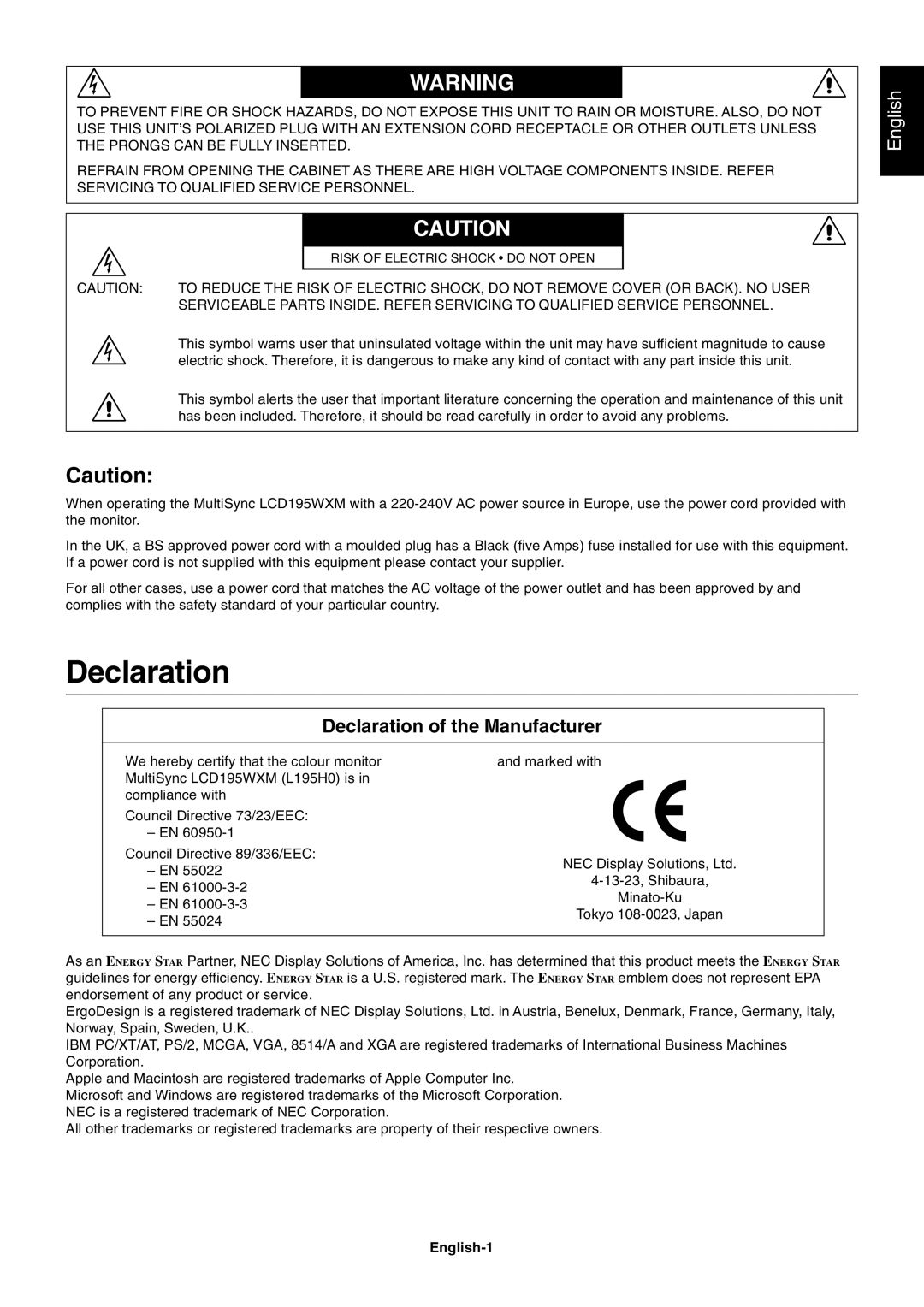 NEC LCD1970NX user manual English, Declaration of the Manufacturer 