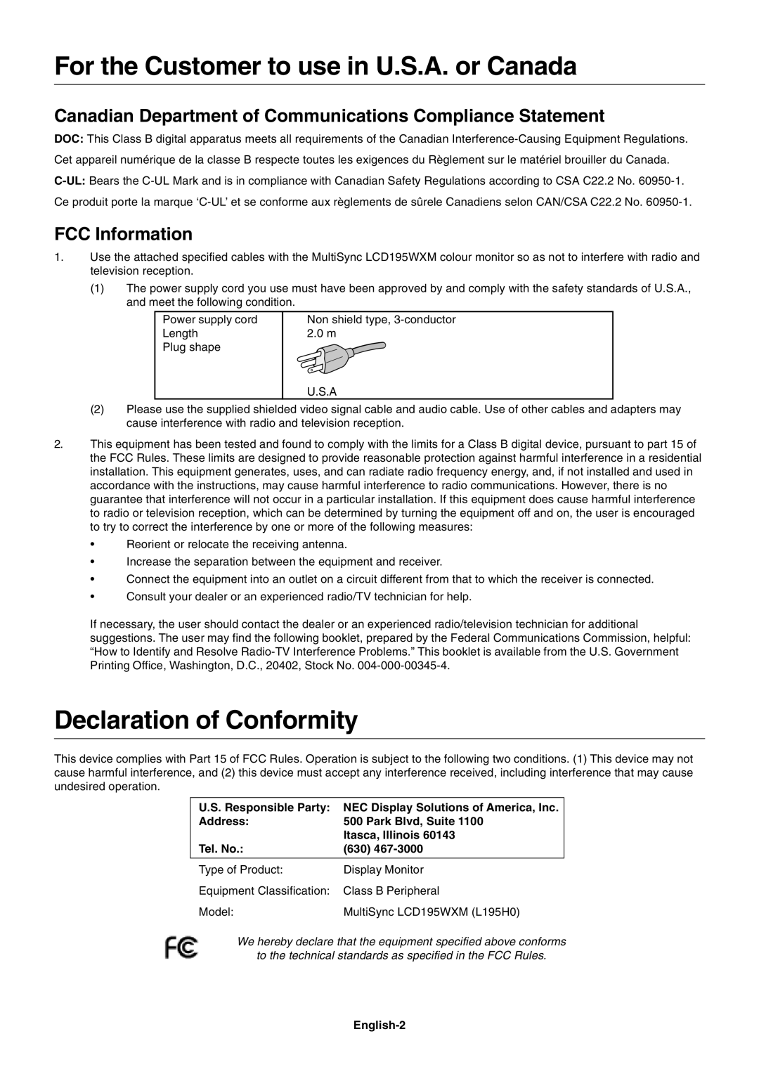 NEC LCD1970NX user manual For the Customer to use in U.S.A. or Canada, Declaration of Conformity, FCC Information 