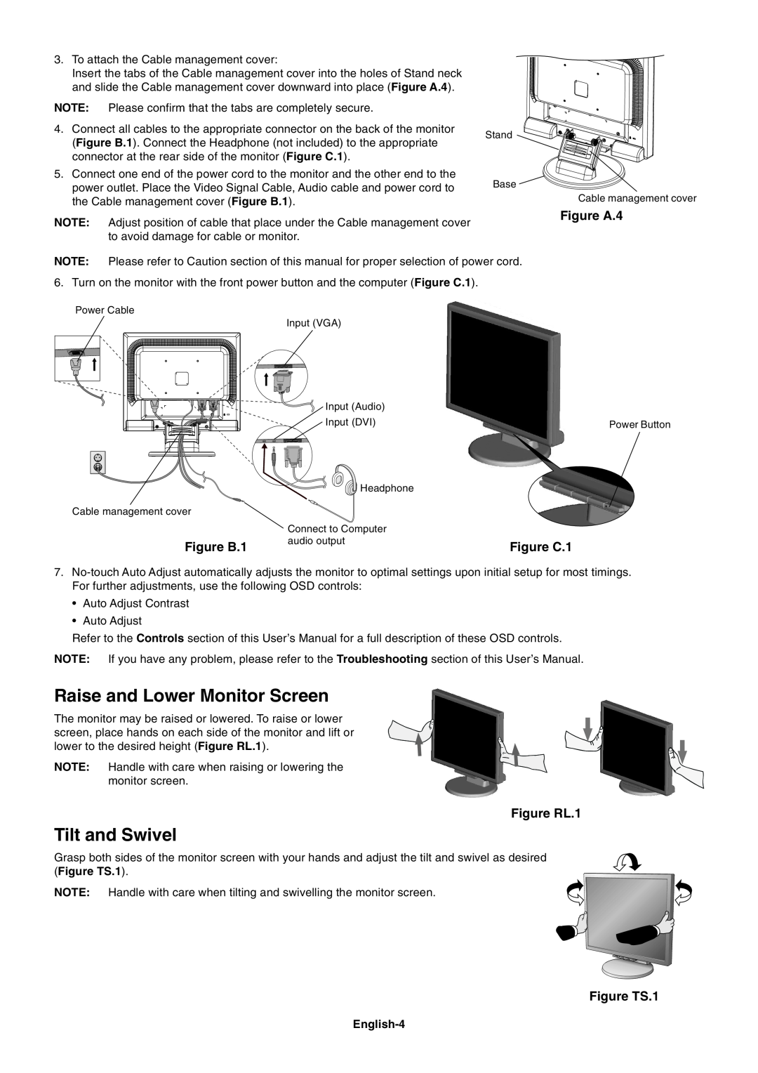 NEC LCD1970NX user manual Raise and Lower Monitor Screen, Tilt and Swivel, Figure A.4, Figure B.1, Figure C.1, Figure RL.1 