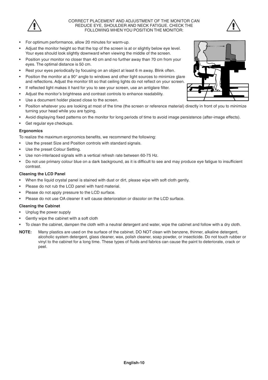 NEC LCD1970NX user manual Ergonomics, Cleaning the LCD Panel, Cleaning the Cabinet, English-10 