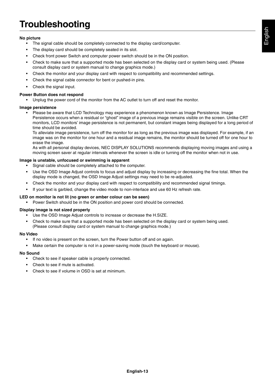 NEC LCD1970NX user manual Troubleshooting 