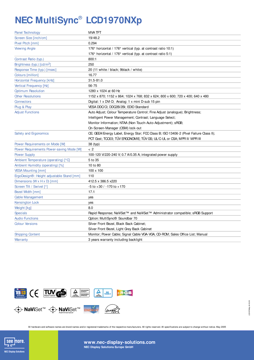 NEC LCD1970NXp manual Mva Tft 