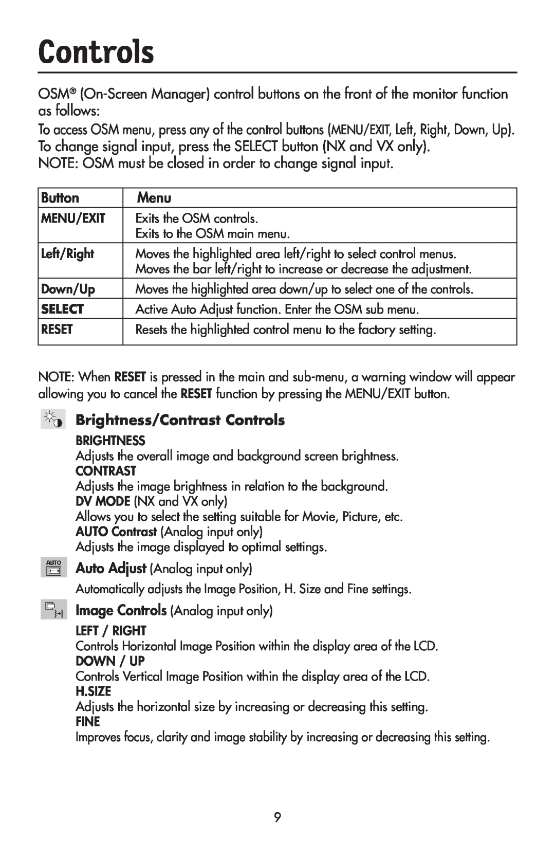 NEC LCD1970V user manual Brightness/Contrast Controls, Select 