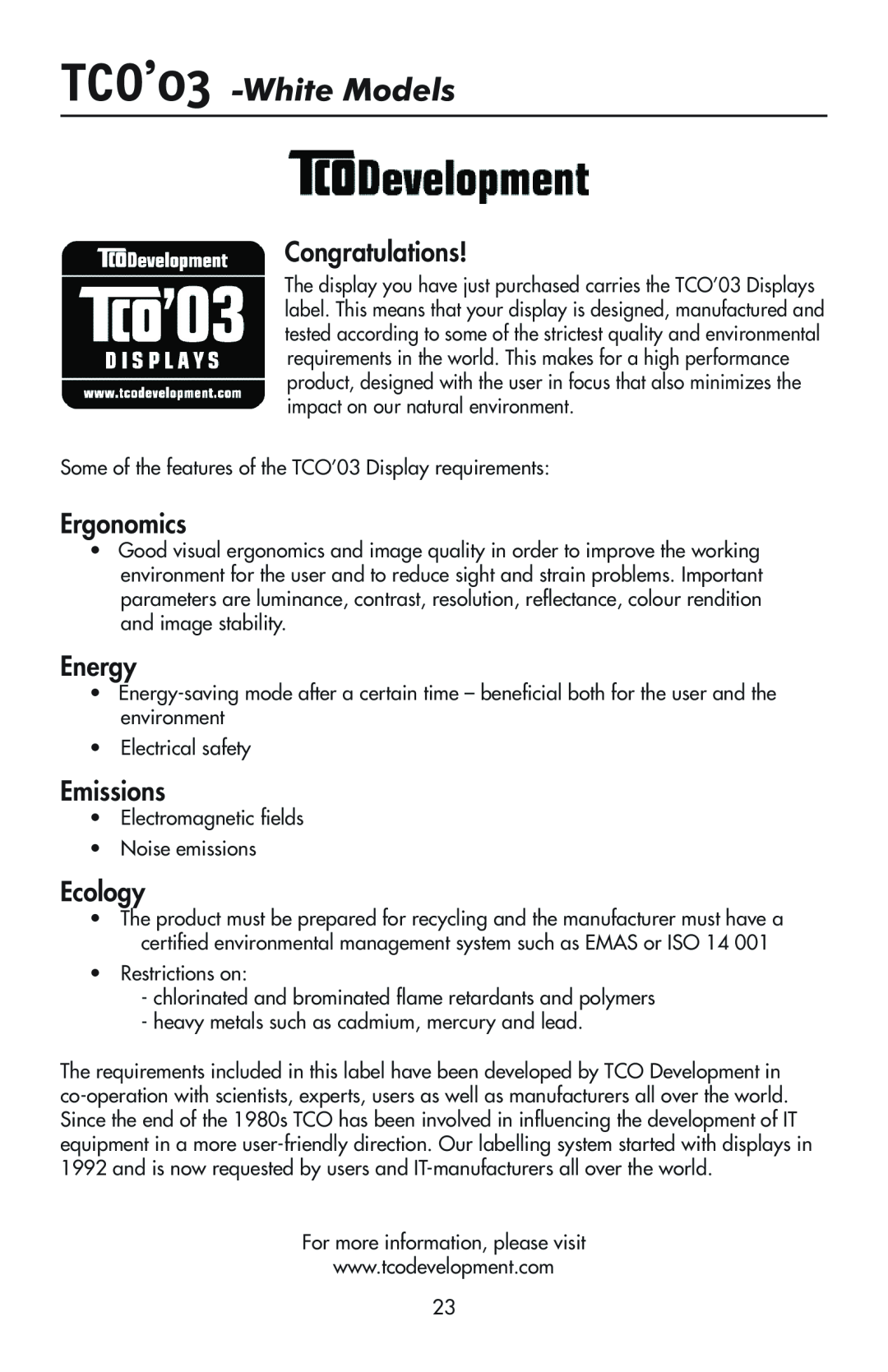 NEC LCD1970V user manual TCO’03 -WhiteModels, Congratulations, Ergonomics, Energy, Emissions, Ecology 