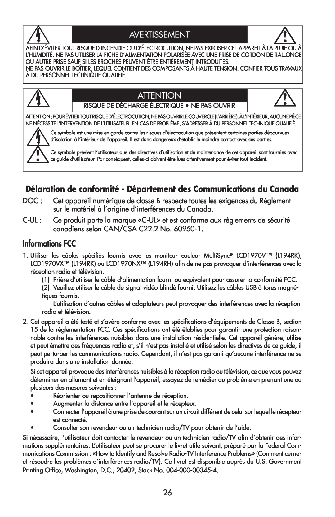 NEC LCD1970V user manual Avertissement, Informations FCC 