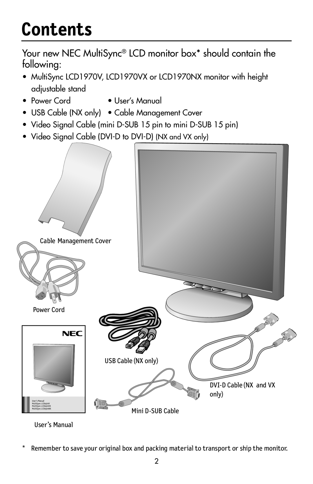 NEC user manual Contents, MultiSync LCD1970VX, MultiSync LCD1970NX 