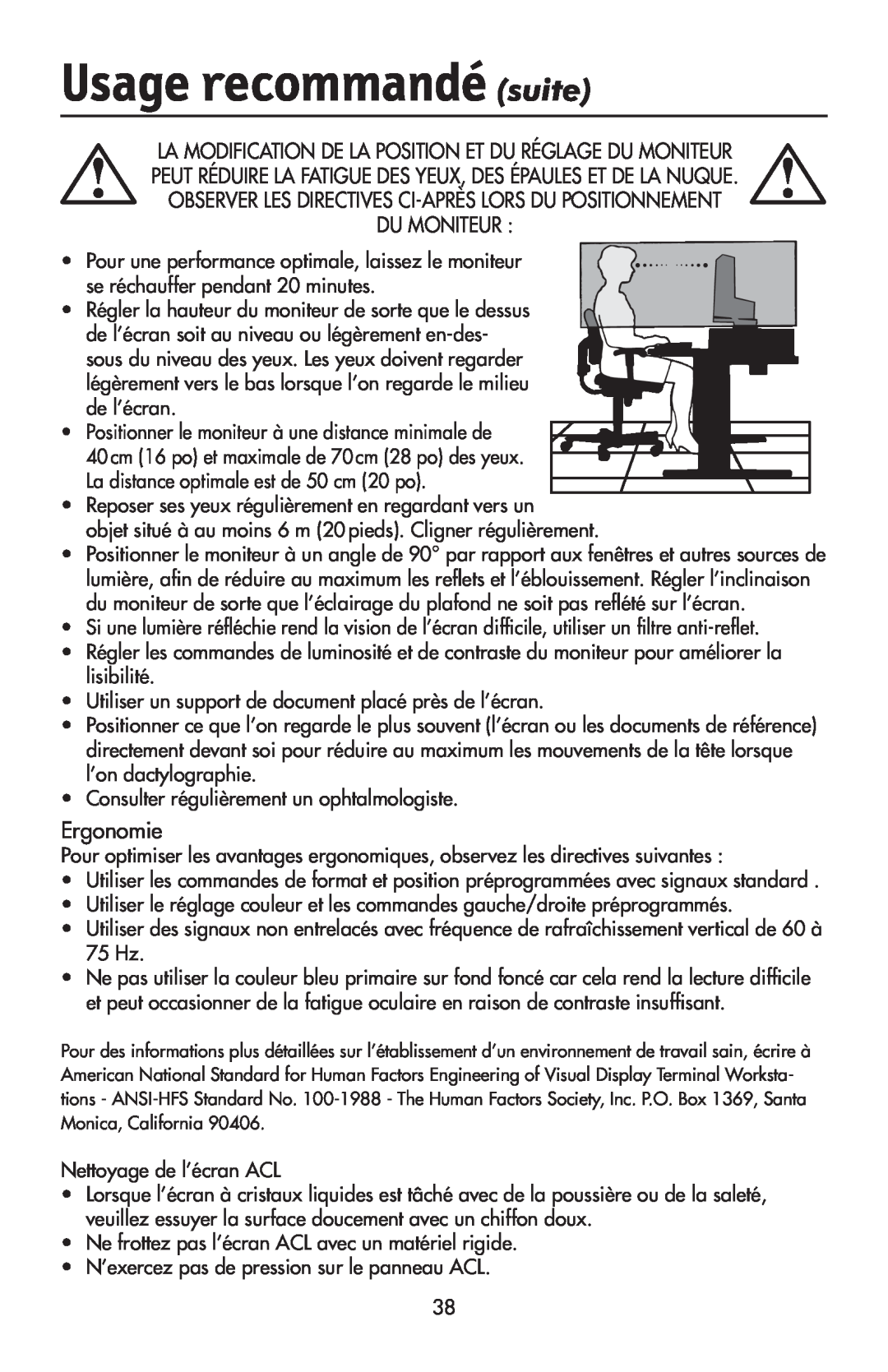 NEC LCD1970V user manual Usage recommandé suite, Du Moniteur, Ergonomie 