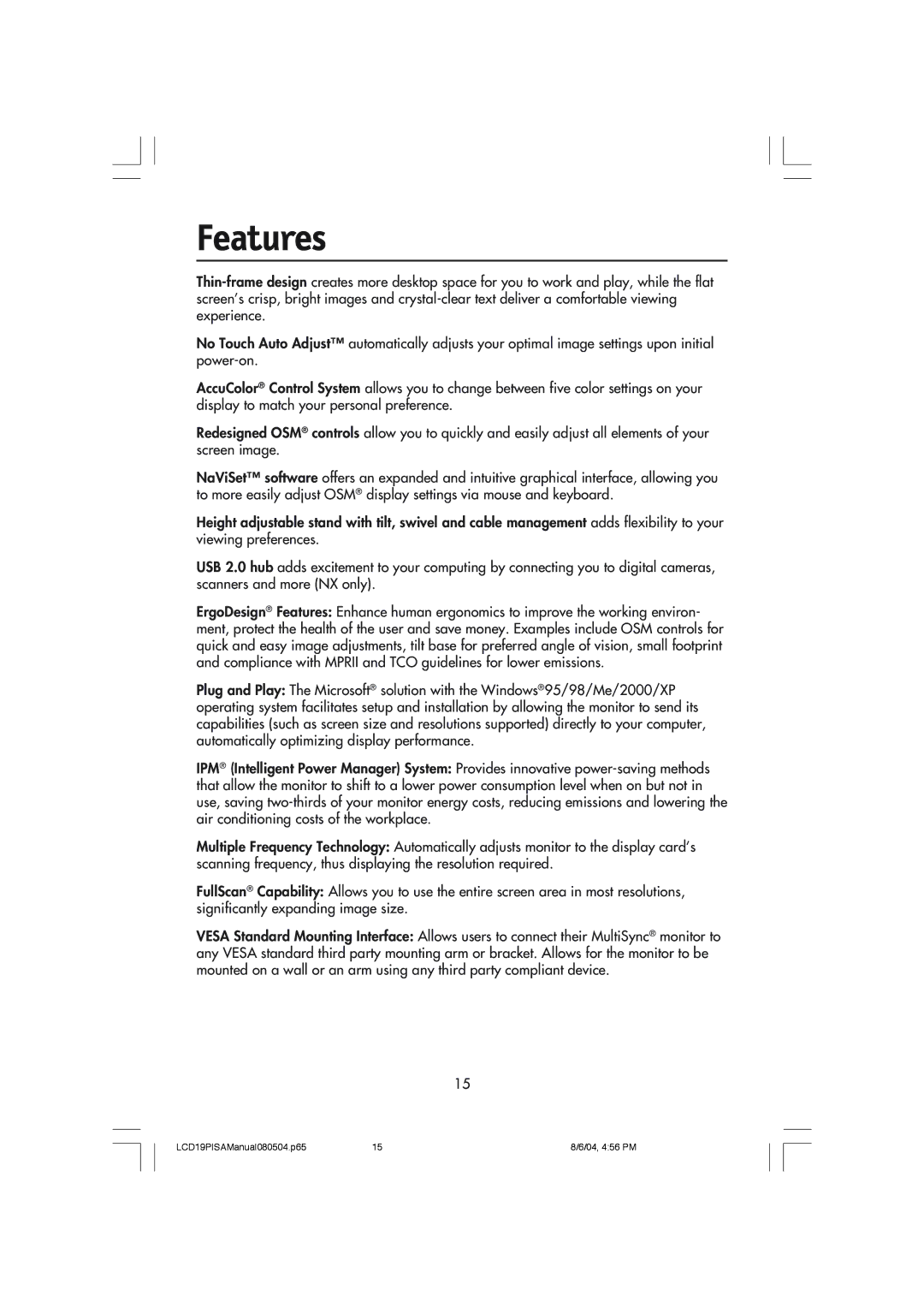 NEC LCD1970V user manual Features 