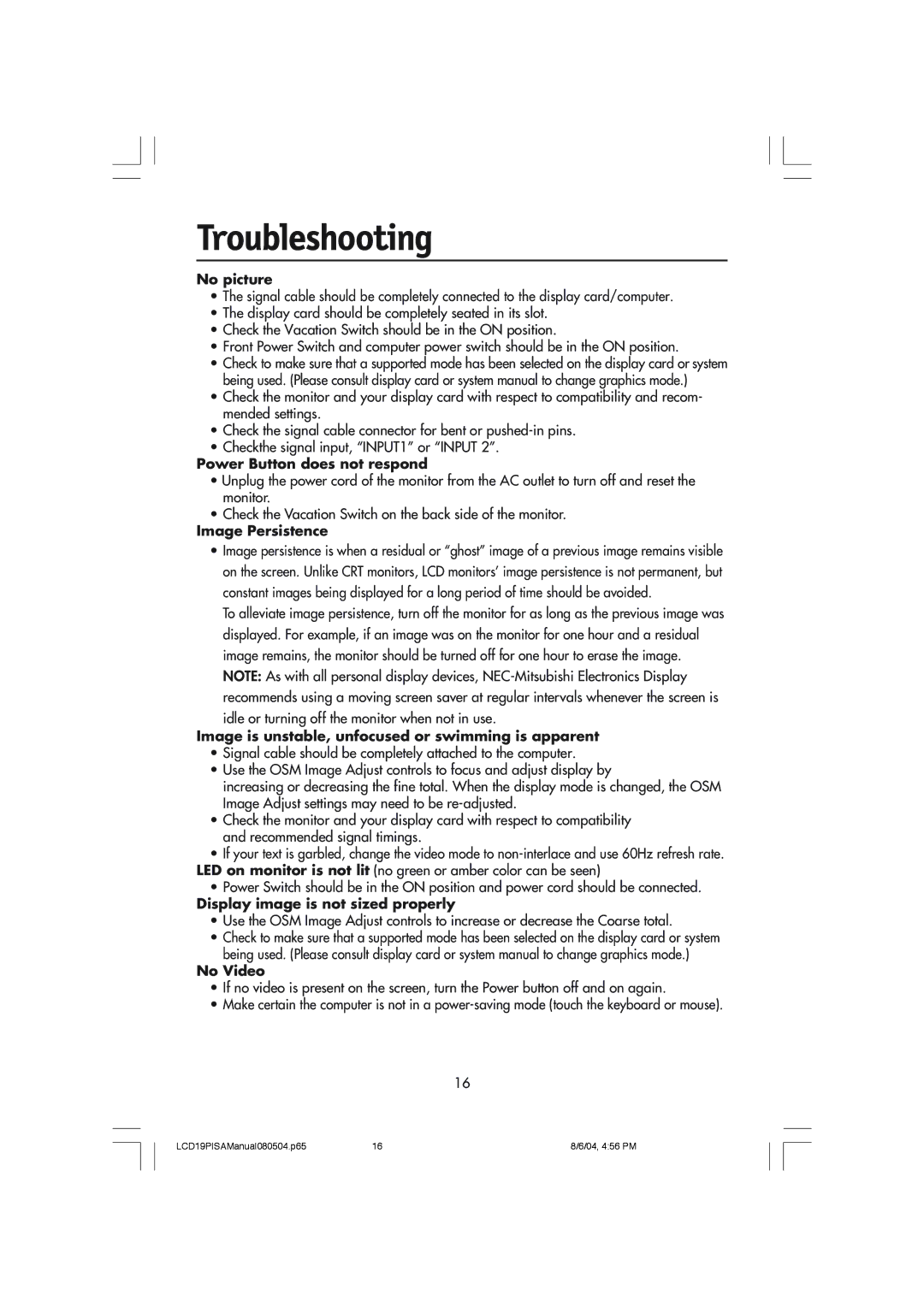 NEC LCD1970V user manual Troubleshooting, No picture 