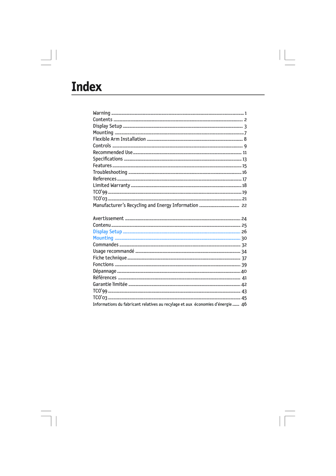 NEC LCD1970V user manual Index, Manufacturer’s Recycling and Energy Information 