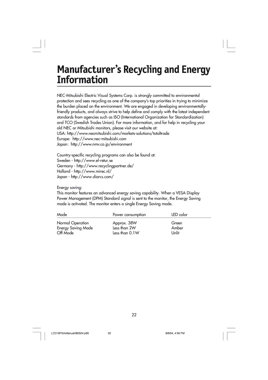 NEC LCD1970V user manual Manufacturer’s Recycling and Energy Information 