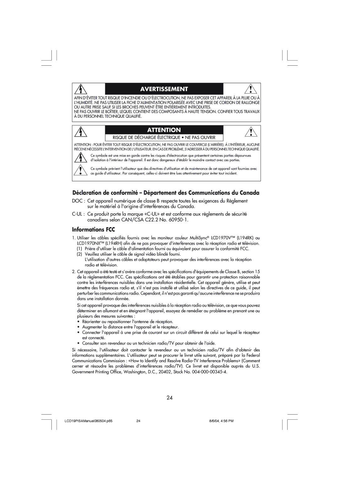 NEC LCD1970V user manual Avertissement, Informations FCC 