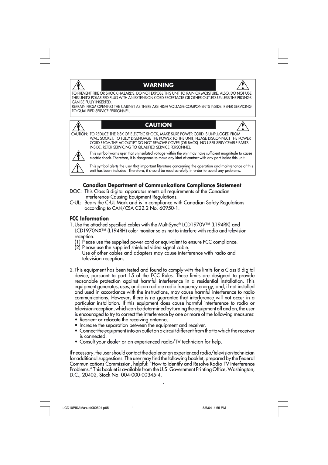 NEC LCD1970V user manual Canadian Department of Communications Compliance Statement, FCC Information 