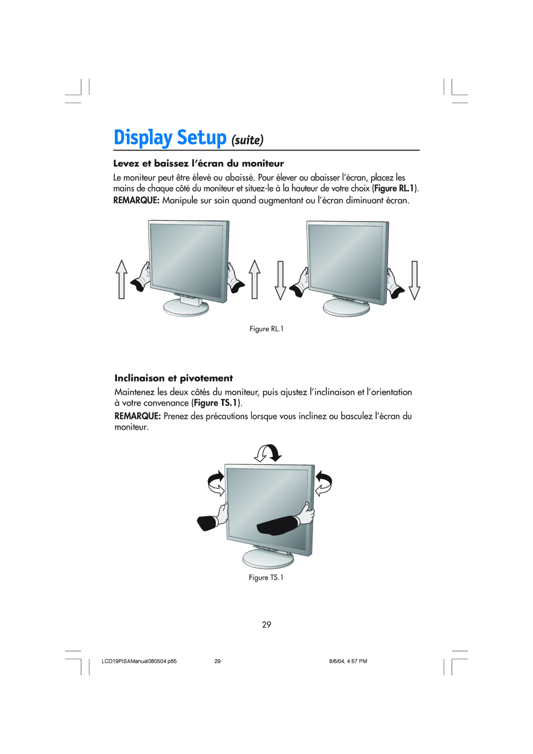 NEC LCD1970V user manual Levez et baissez l’écran du moniteur, Inclinaison et pivotement 