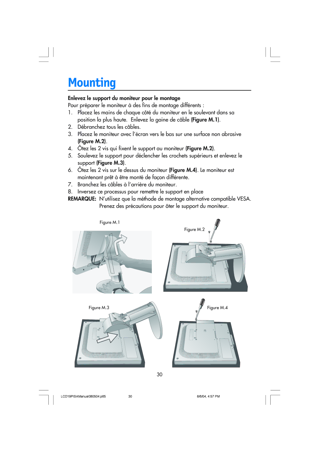 NEC LCD1970V user manual Mounting 