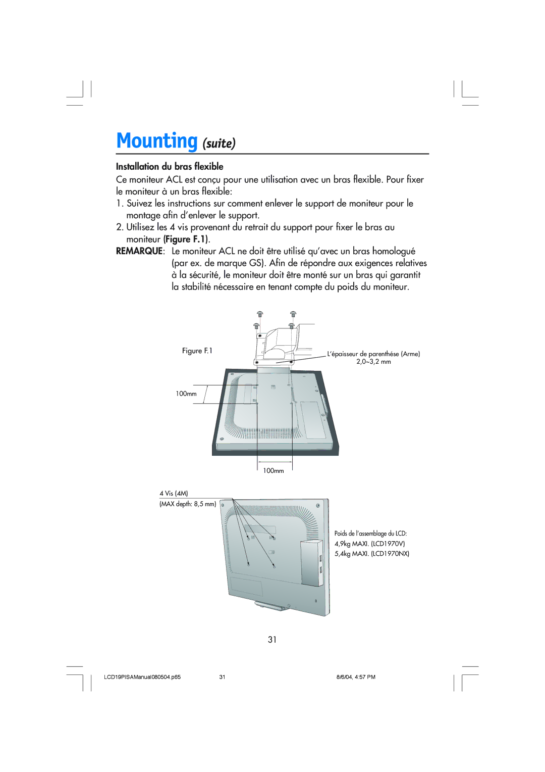 NEC LCD1970V user manual Mounting suite 