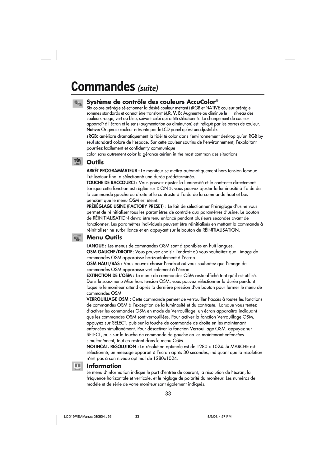 NEC LCD1970V user manual Commandes suite, Système de contrôle des couleurs AccuColor, Menu Outils 