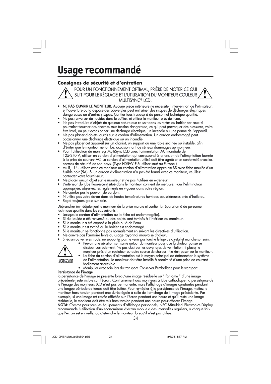 NEC LCD1970V user manual Usage recommandé, Consignes de sécurité et d’entretien 