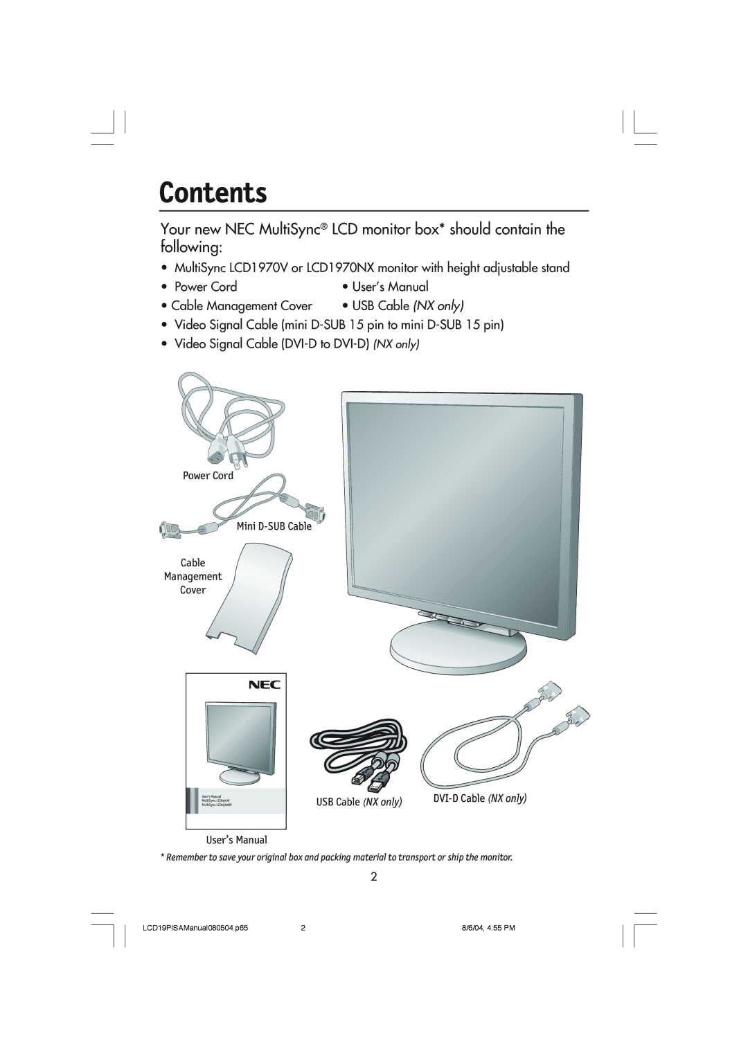 NEC LCD1970V user manual Contents 