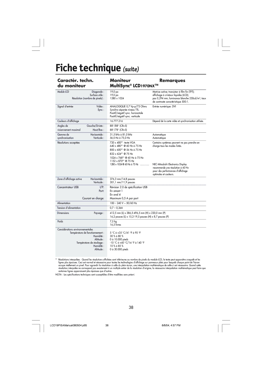 NEC LCD1970V user manual Fiche technique suite, Maximum 0,5 a par port 