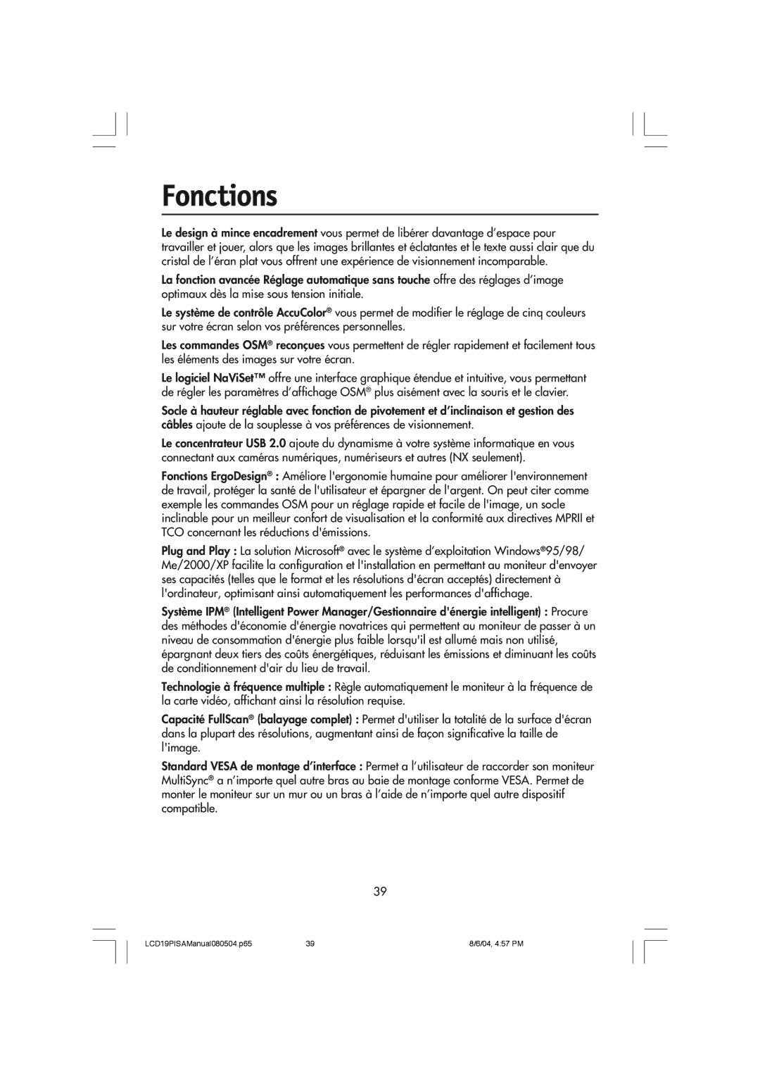 NEC LCD1970V user manual Fonctions 