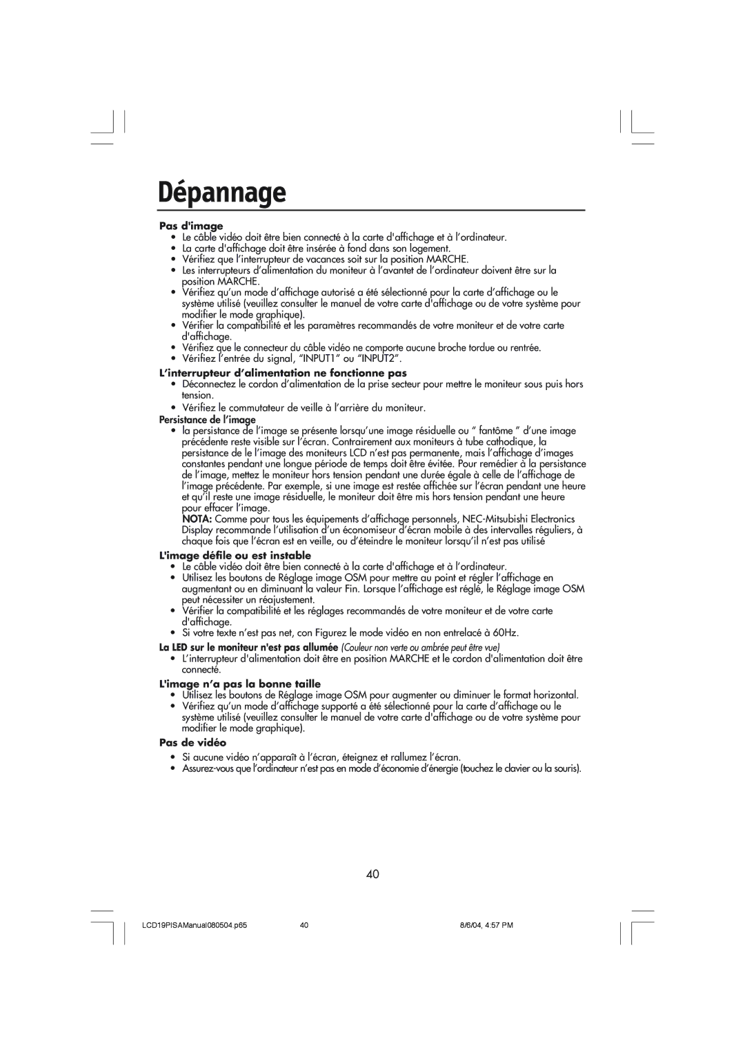 NEC LCD1970V user manual Dépannage, Pas dimage 