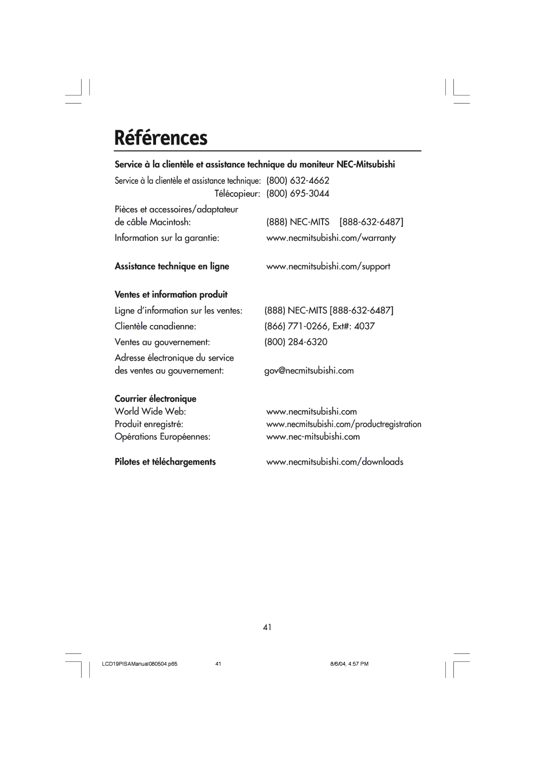 NEC LCD1970V user manual Références 