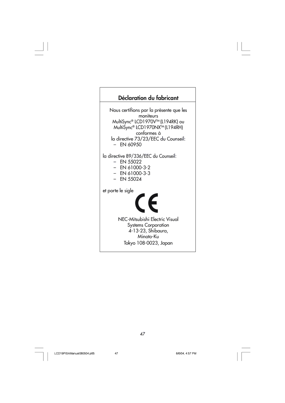 NEC LCD1970V user manual DŽclaration du fabricant 