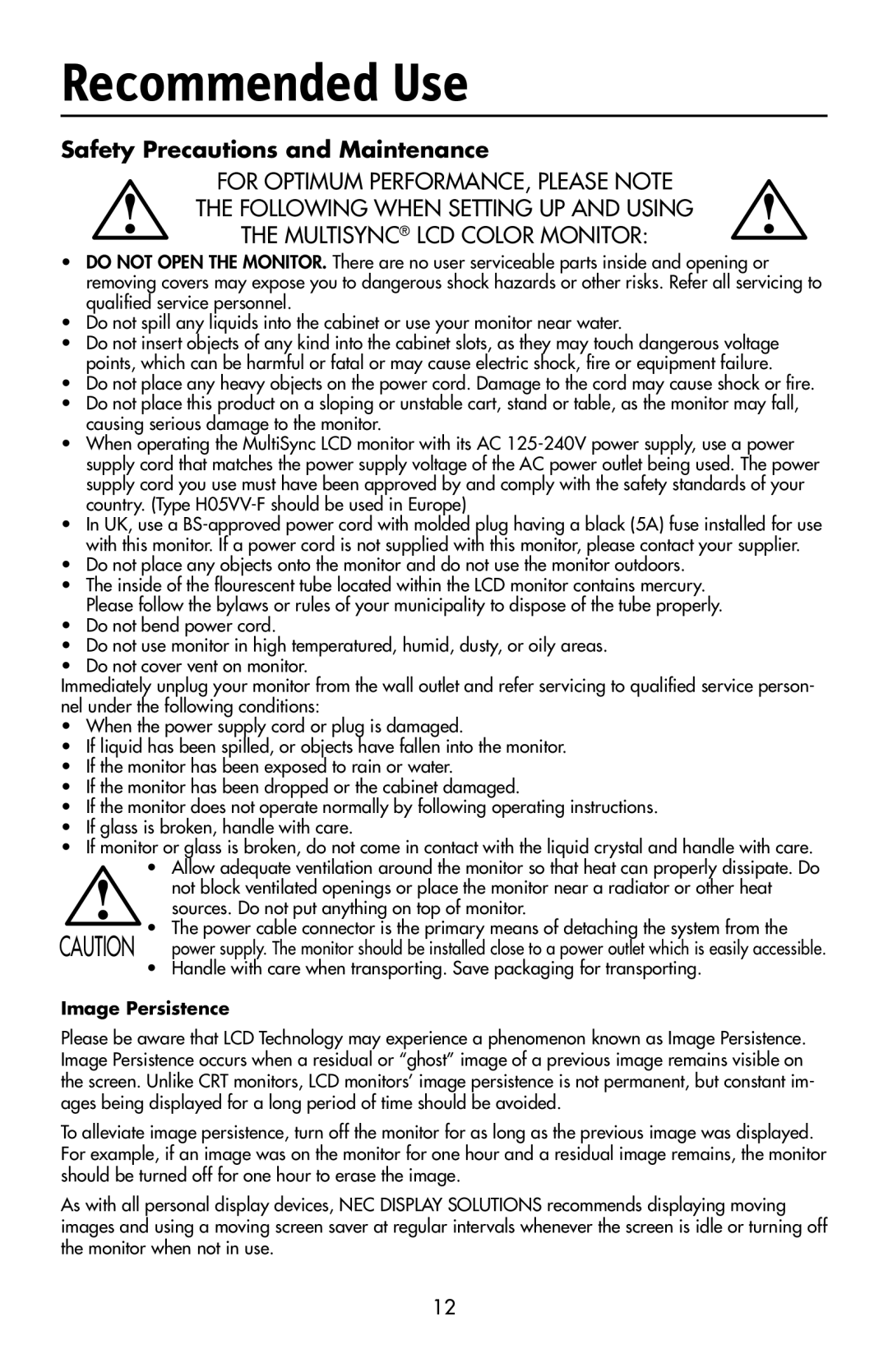 NEC LCD1970V user manual Recommended Use, Safety Precautions and Maintenance 