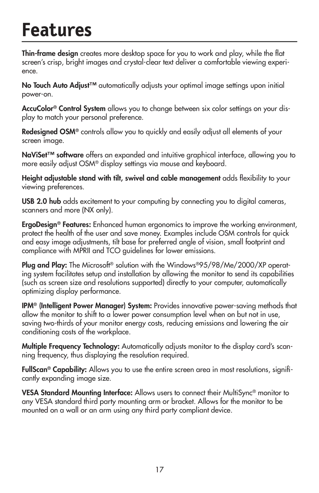 NEC LCD1970V user manual Features 