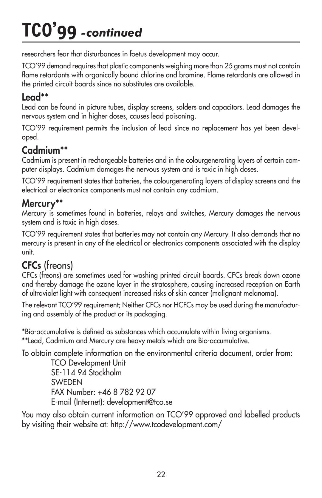 NEC LCD1970V user manual TCO’99, FAX Number +46 8 782 92 Mail Internet development@tco.se 