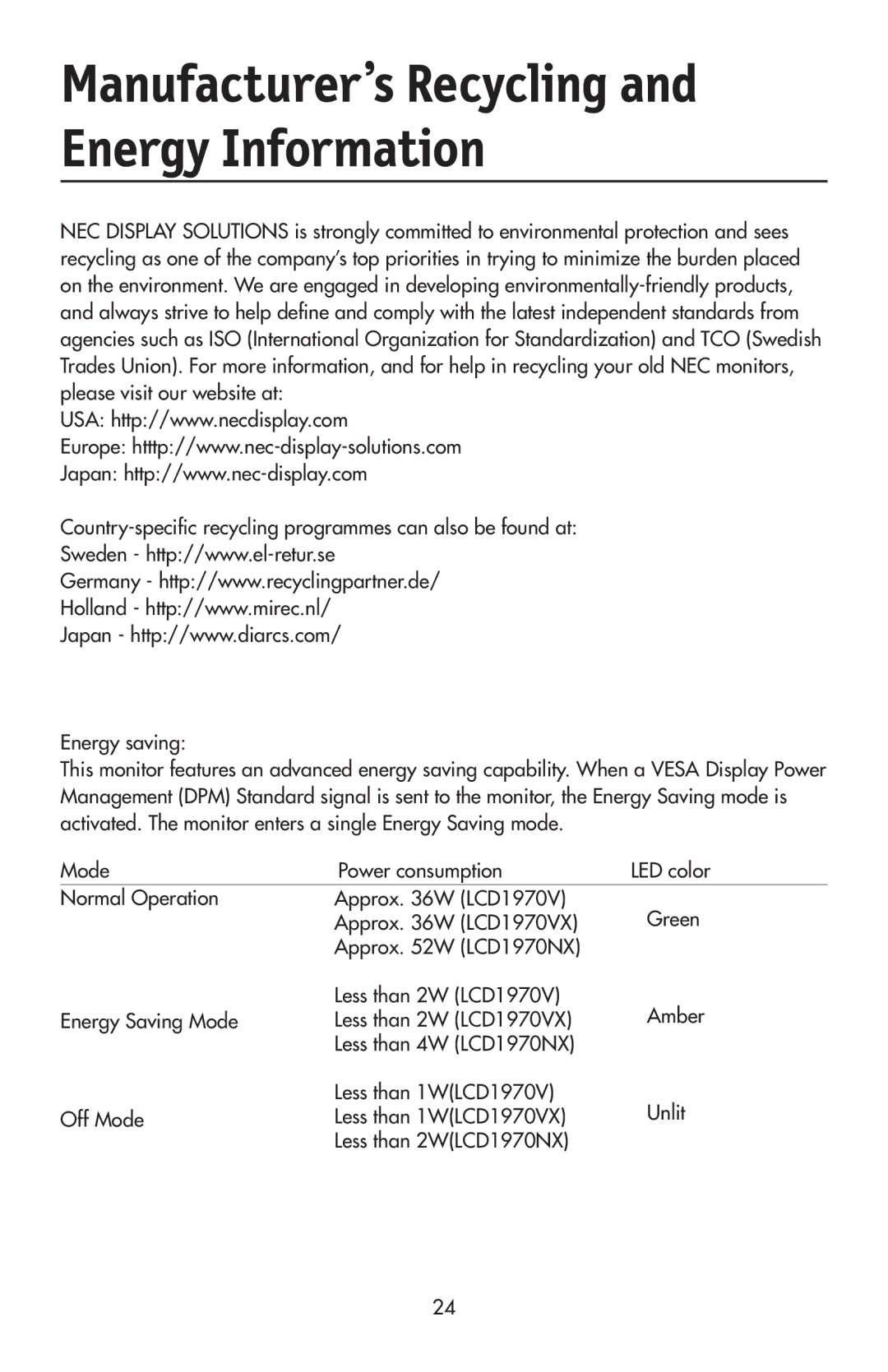 NEC LCD1970V user manual Manufacturer’s Recycling and Energy Information 